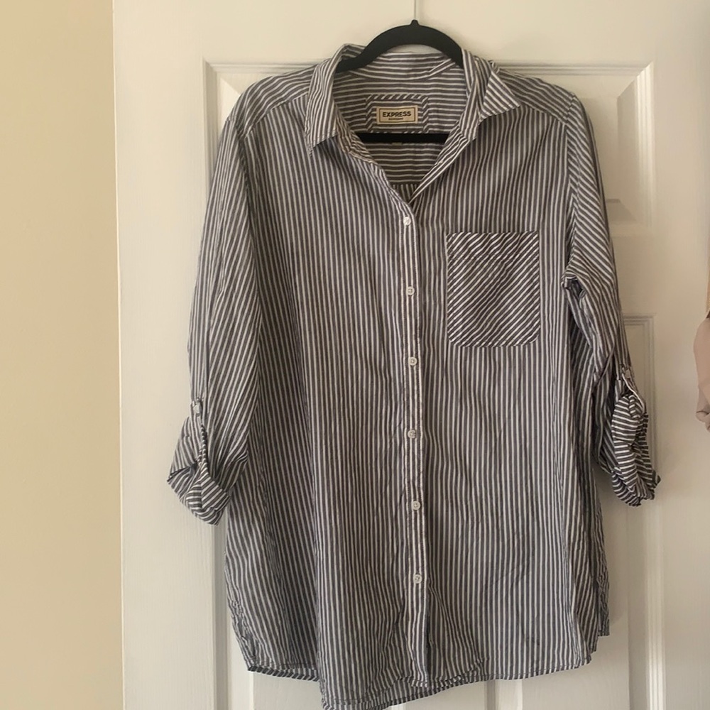 Express gray and white striped boyfriend blouse
